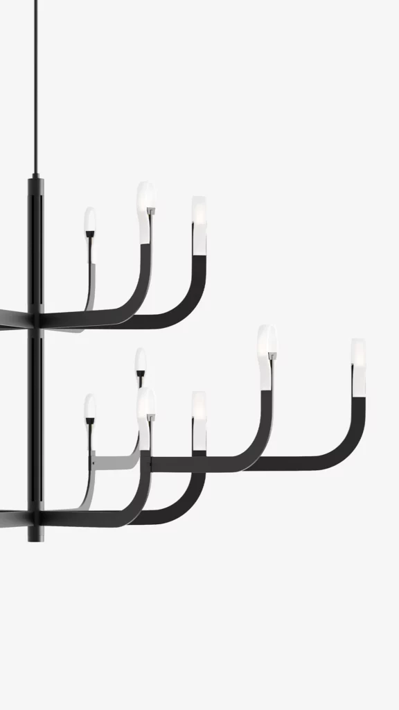 Detail of the structure of the J-us pendant lamp, which consists of a central cylindrical structure and arms available in two different sizes